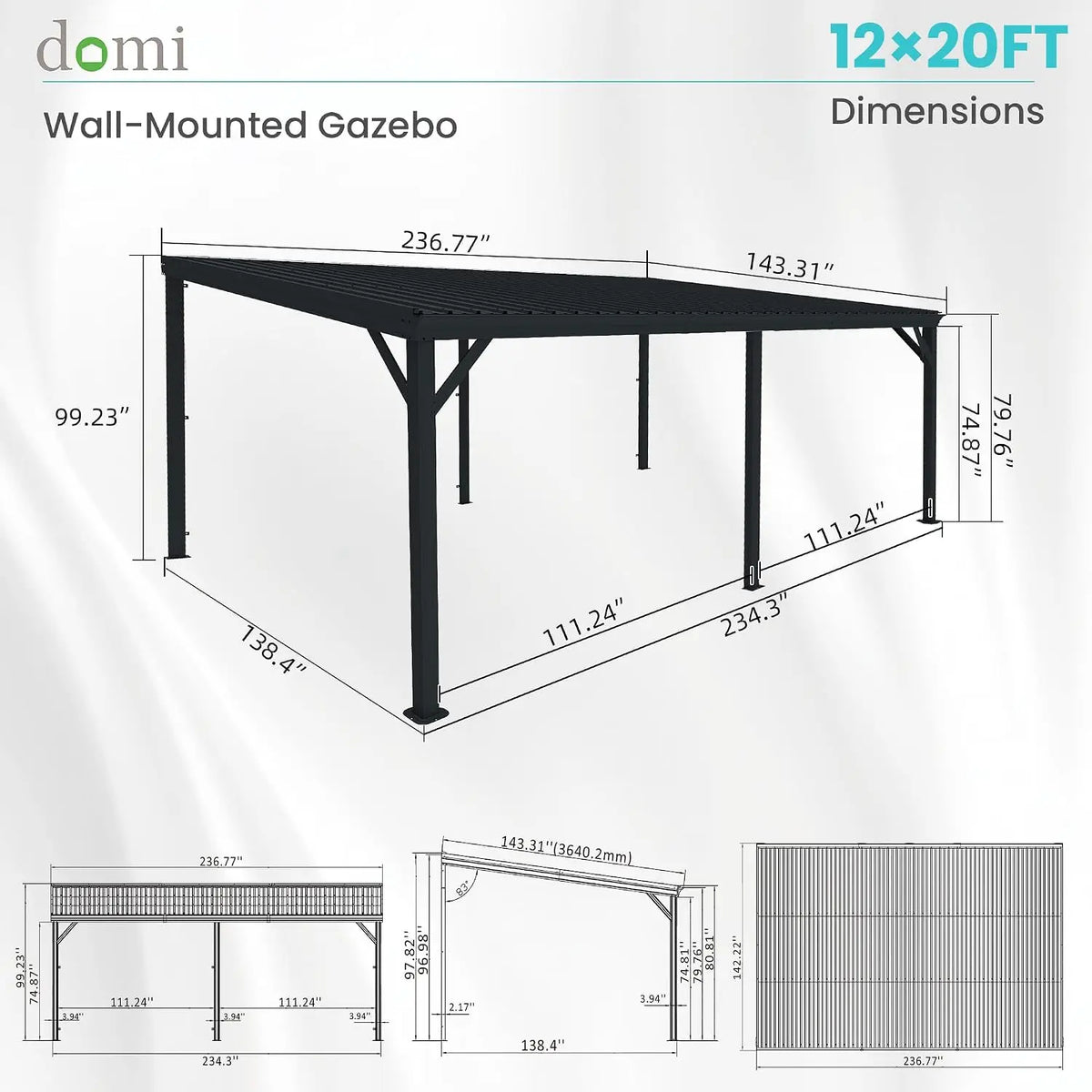 12 x 20 ft Wall-Mounted Lean-To Gazebo with Galvanized Steel Hardtop Roof and Drainage System Grey