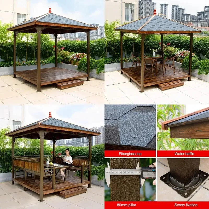 Outdoor Metal Pergola with Wooden Roof and Table, Modern Hardtop Garden Pavilion for Patio and Courtyard