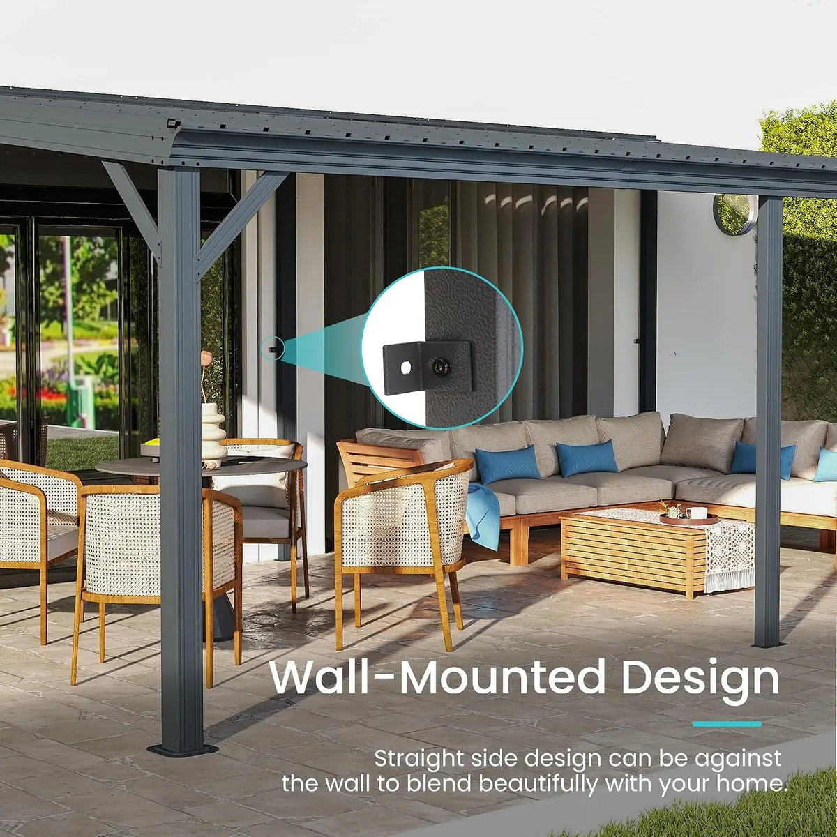 12 x 20 ft Wall-Mounted Lean-To Gazebo with Galvanized Steel Hardtop Roof and Drainage System Grey