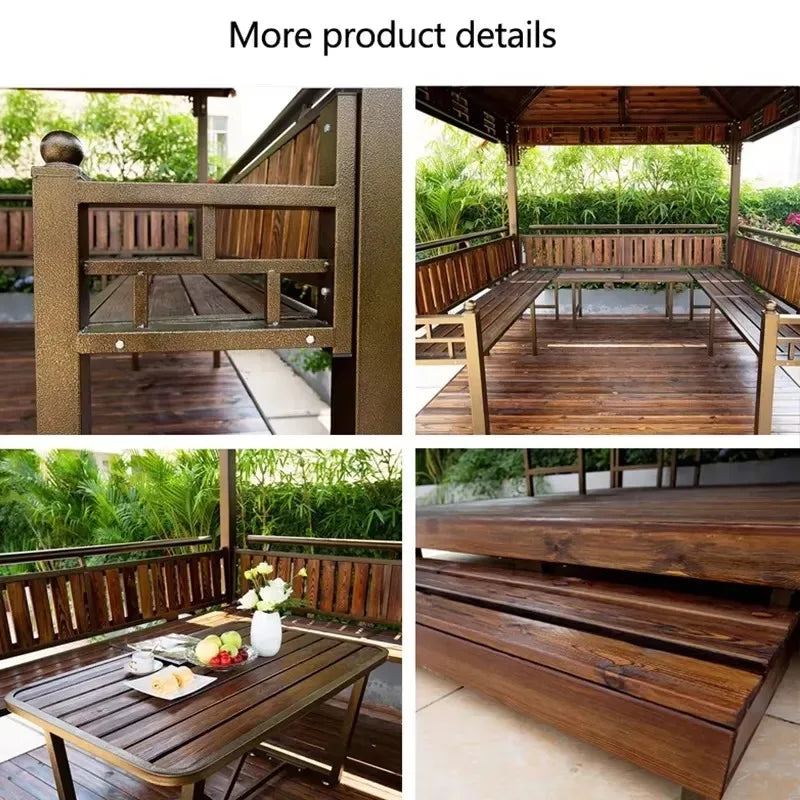 Outdoor Metal Pergola with Wooden Roof and Table, Modern Hardtop Garden Pavilion for Patio and Courtyard