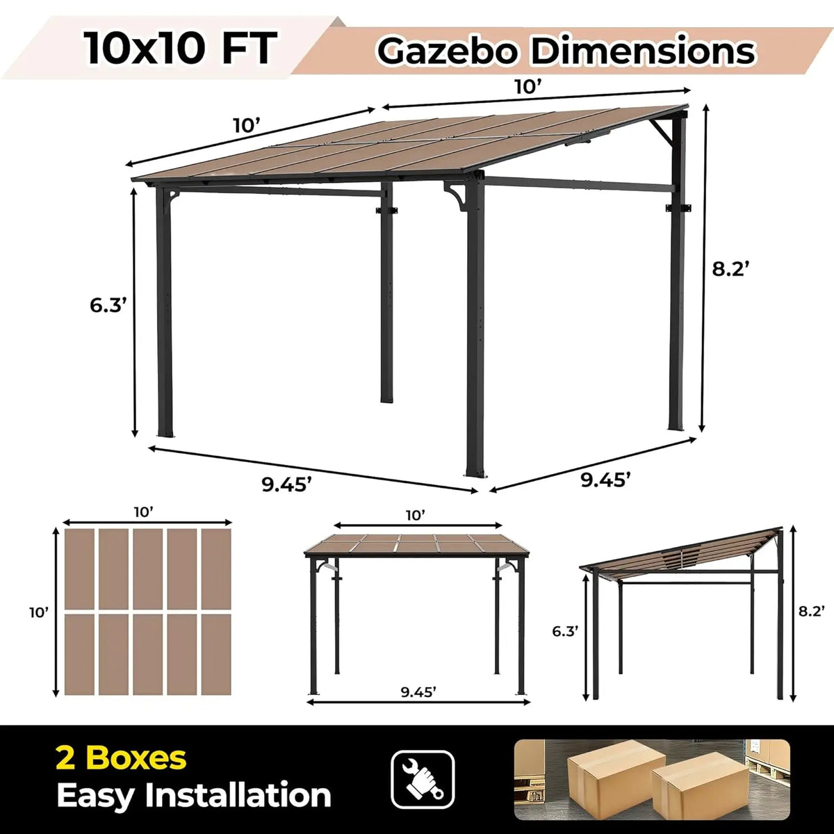 10 x 10 ft Wall-Mounted Hardtop Gazebo with Heavy-Duty Metal Frame for Patio and Backyard
