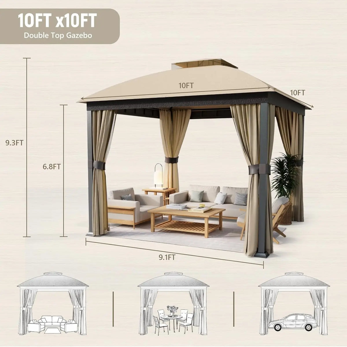 10x10 ft Outdoor Patio Gazebo with Double Roof, UV Protection and Privacy Panels