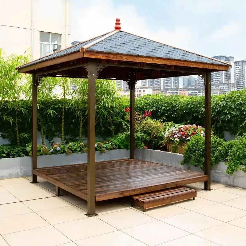 Outdoor Metal Pergola with Wooden Roof and Table, Modern Hardtop Garden Pavilion for Patio and Courtyard