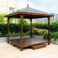 Outdoor Metal Pergola with Wooden Roof and Table, Modern Hardtop Garden Pavilion for Patio and Courtyard