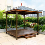 Outdoor Metal Pergola with Wooden Roof and Table, Modern Hardtop Garden Pavilion for Patio and Courtyard
