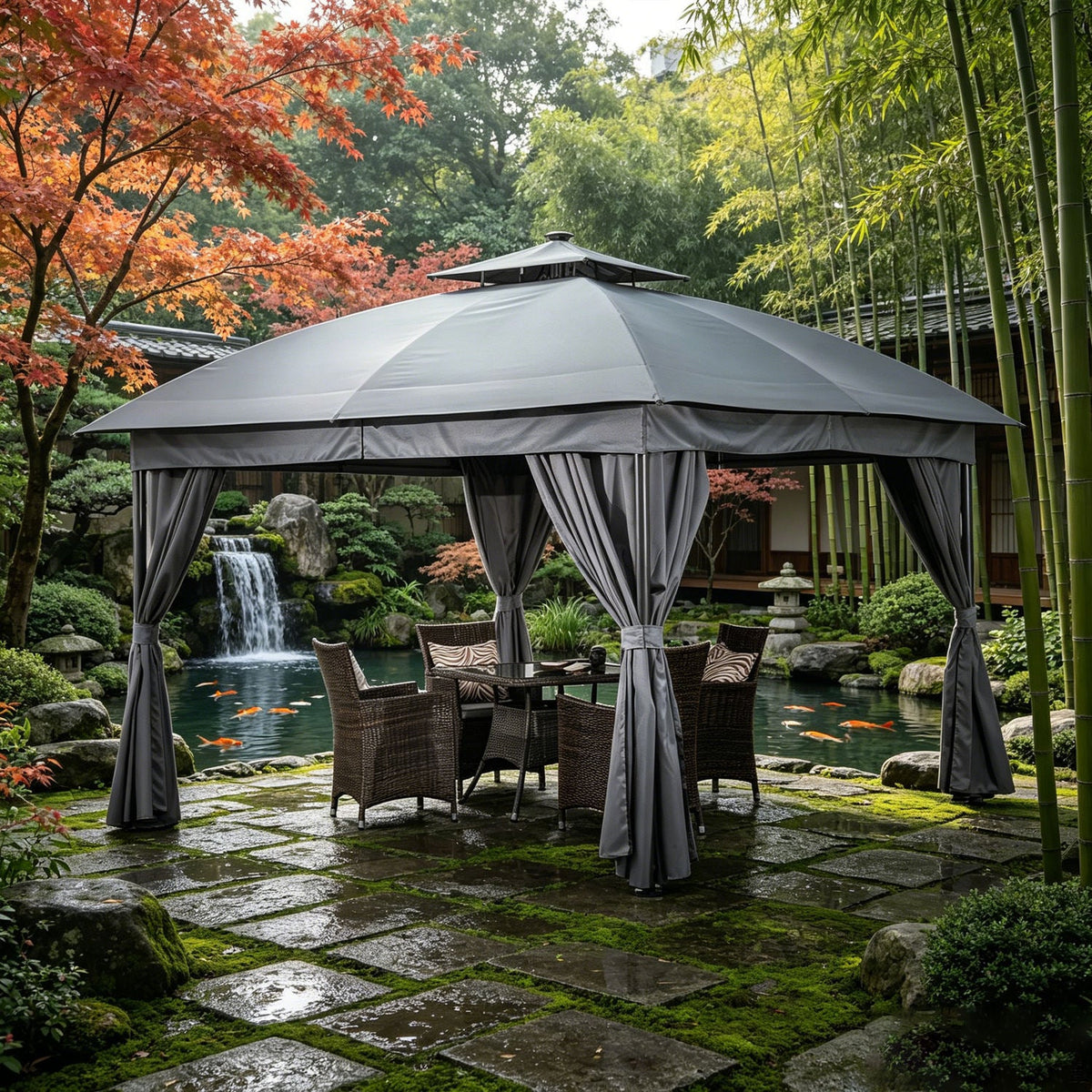 Aluminum Waterproof Pergola with Folding Roof and Mosquito Netting