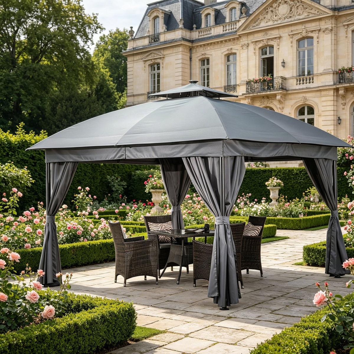 Aluminum Waterproof Pergola with Folding Roof and Mosquito Netting