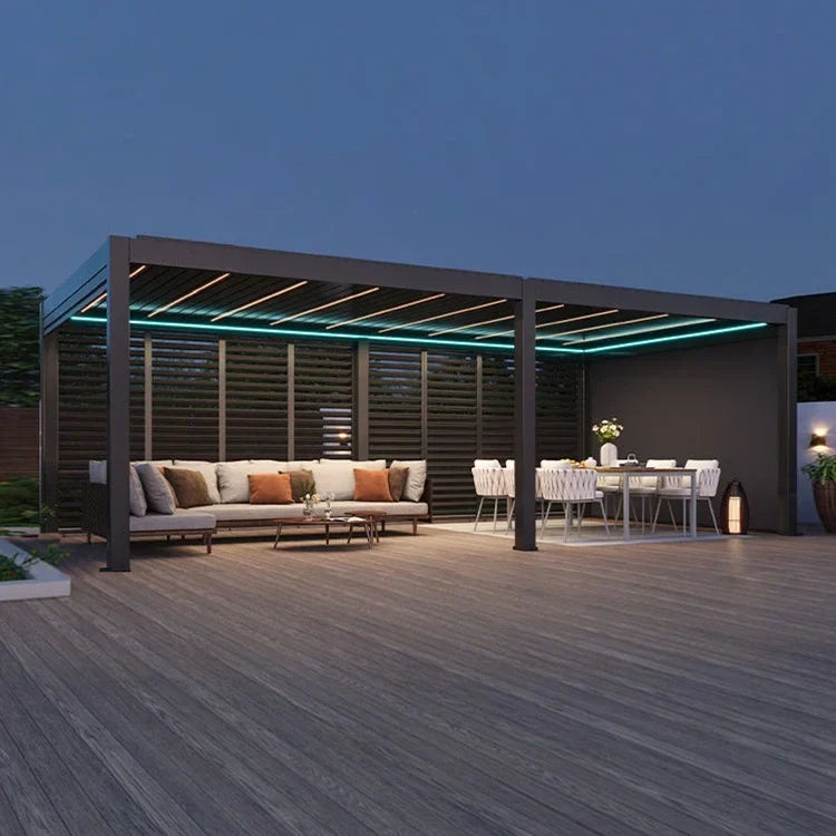 Motorized Retractable Aluminum Pergola with LED Lighting for Outdoor Gardens and Balconies