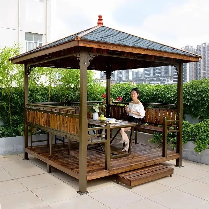 Outdoor Metal Pergola with Wooden Roof and Table, Modern Hardtop Garden Pavilion for Patio and Courtyard