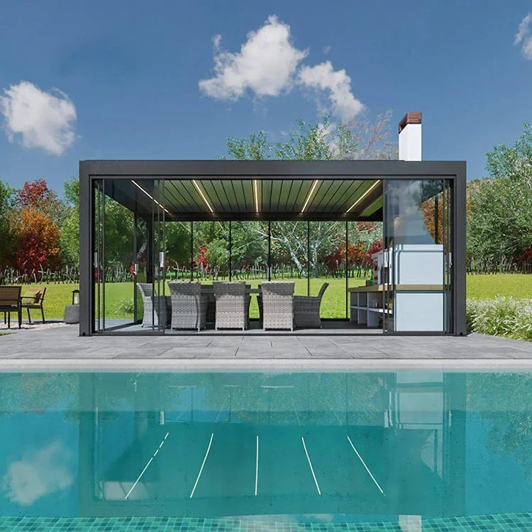 Motorized Retractable Aluminum Pergola with LED Lighting for Outdoor Gardens and Balconies