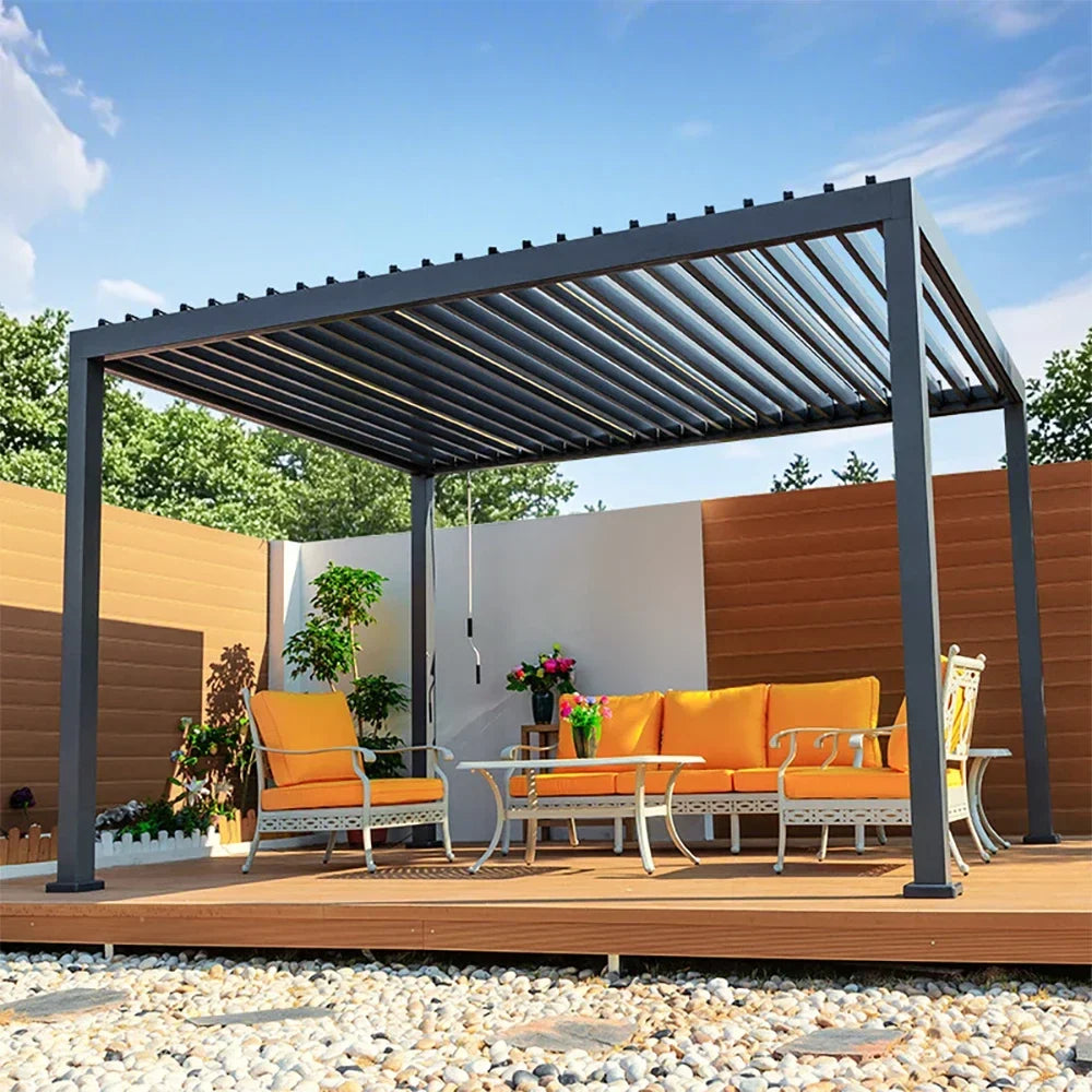 Motorized Retractable Aluminum Pergola with LED Lighting for Outdoor Gardens and Balconies